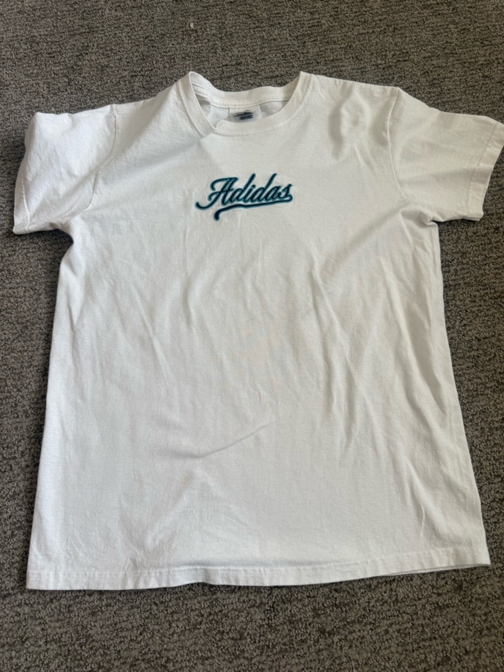adidas White Tee with Teal Script Logo